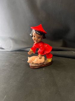 Vintage Japan Ceramic Boy With Piglets Figurine