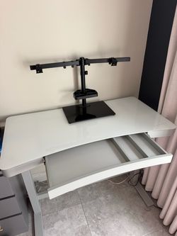 White Glass Top Desk with Drawer and Monitor Mount
