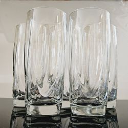 Set of 5 Clear Tall Drinking Glasses with Thick Squared Bases Kitchen Dining Beverages. No markings. 

Pre-owned in excellent clean condition. No chip