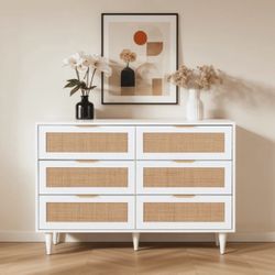 6 Drawer Dresser Rattan Dresser Modern Chest with Drawers, White And Charger 