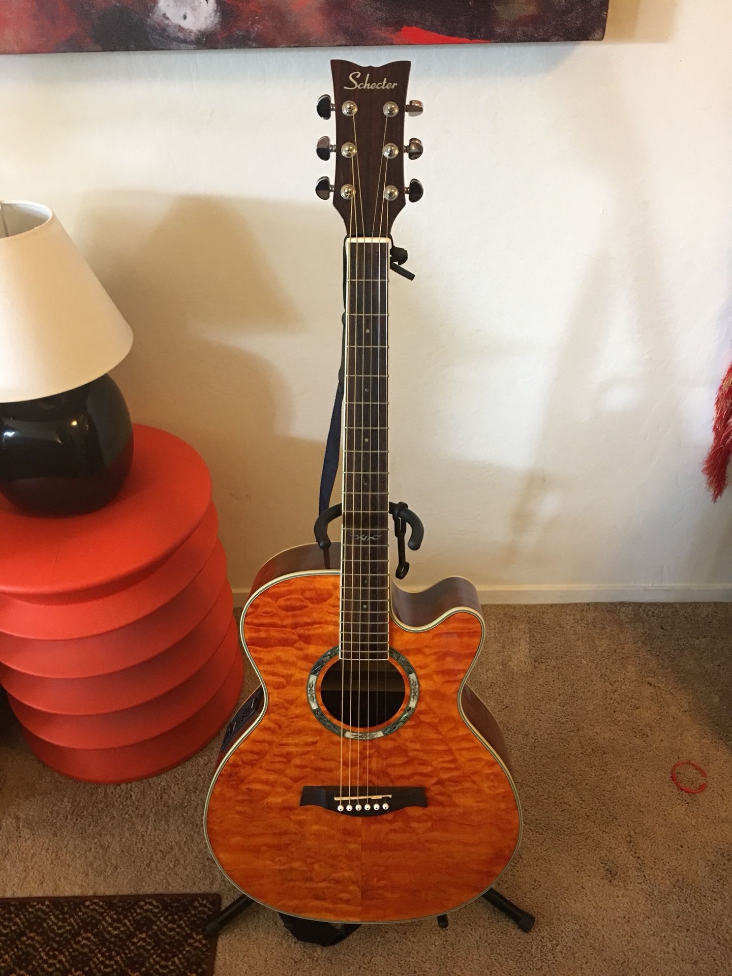 Schecter SW-3500/AM Quilted Amber Acoustic Electric Guitar with Hardshell case, stand, & extras