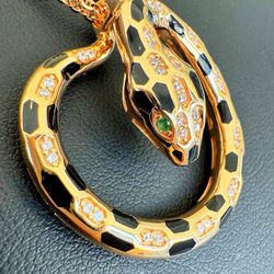 Jewelry 18k solid rose gold 0.2CTW Natural Diamond 0.03CTW Emerald stone Necklace 24” Chain Snake Pendant