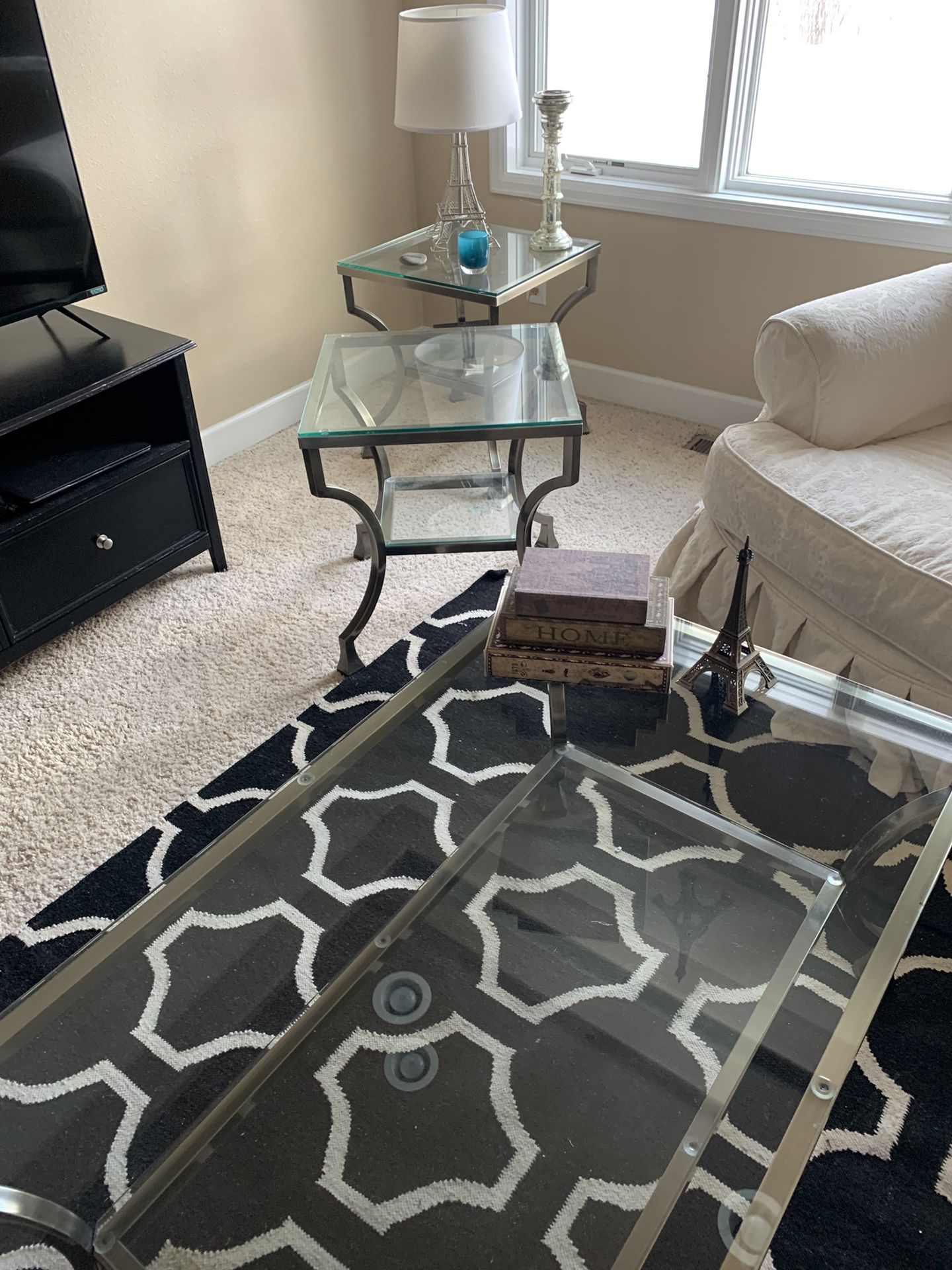 Coffee table & two end tables - glass, retro, brushed metal. $35