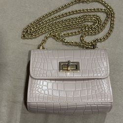 Cream Colored Crocodile Embossed Shoulder Bag with Gold Chain, Turn Lock, Small