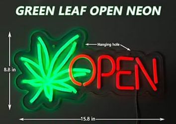Open Neon Sign, Neon Signs for Wall Decor, Dimmable Neon Green Leaf LED Signs for Bedroom Aesthetic, Light Up Neon Signs for Hotel Beer Bar Man Cave C