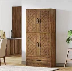 JW0955 70" Tall Kitchen Pantry, Farmhouse Pantry Storage Cabinet with Doors, Shelves and Drawer, Large Rustic Wood Food Pantry Cupboard for Kitchen, D