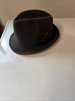 Vtg Merit New York Brown Fedora Hat with Black Band & Red Feather 7 1/2 Long Oval