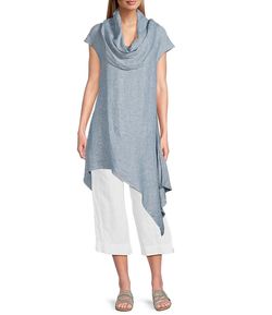 Bryn Walker 100% Linen Cowl Neck Cap Sleeve Asymmetrical or Lagenlook Hem Tunic Size SM Teal.
