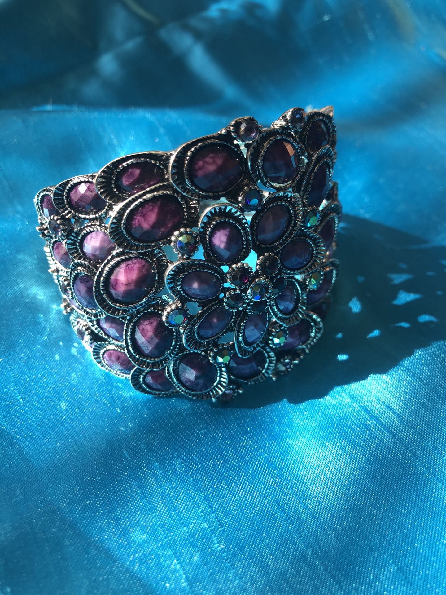 Unique Purple Beaded Art Deco Silver Bracelet Cuff Statement 2” wide