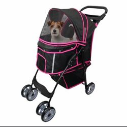 New- Amoroso Pet Stroller Black/Pink Foldable Dog Cat Stroller 30 lb Capacity