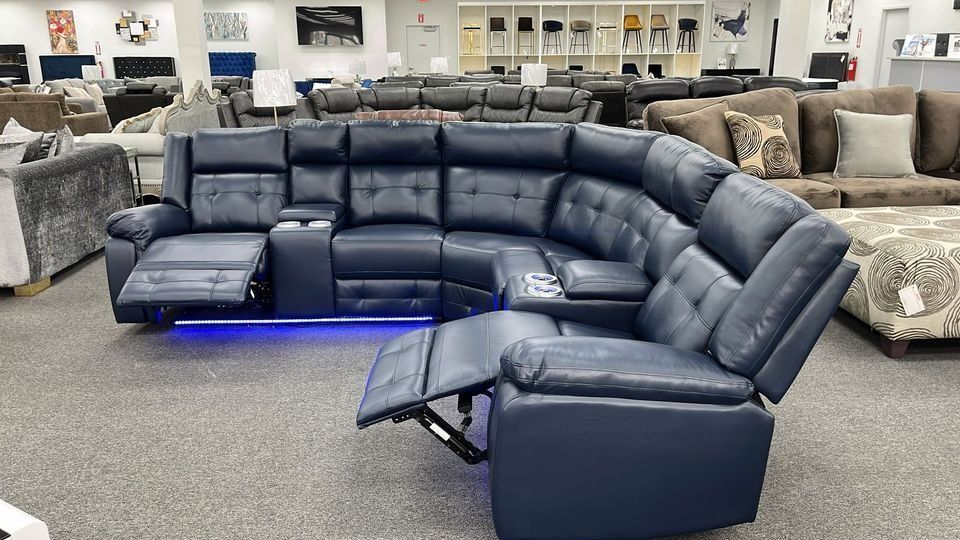 Brand New Beautiful Black 3-Piece Leather Gel Power Sectional with LED Lights
