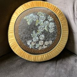 Vintage Floral Silk Embroidery Pillow Round 1950’s - 15” Wide