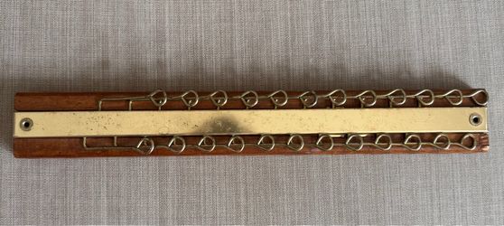 Vintage Tie Rack Holder Wall Mount Organizer Wood Brass Metal Holds 24 Ties