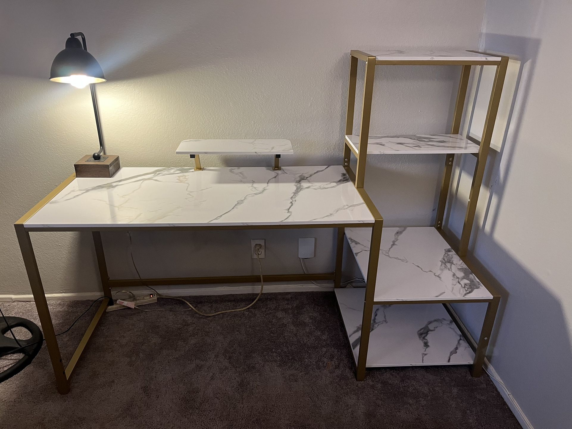 Beautiful Gold Trimmed Marble Computer Desk W. Monitor Stand and Printer Shelf