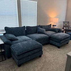 Beautiful 120” Blue Chenille Sofa Sectional