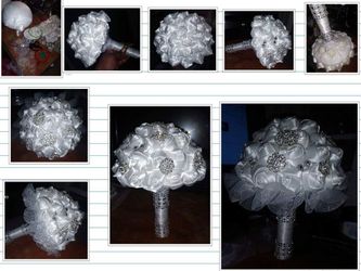 White Satin Rose & Brooch w/Bling Bouquet