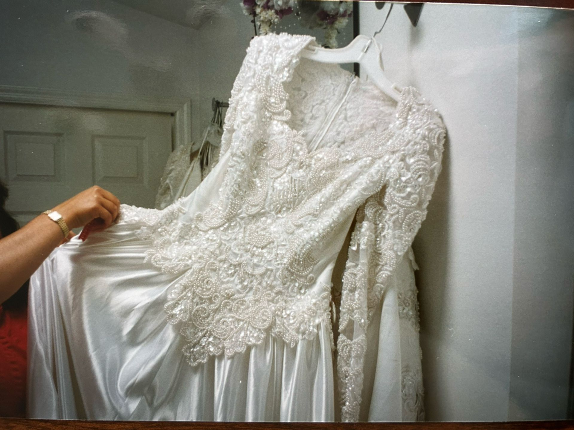 White Lace And Sequined Wedding Gown With 20 Foot Long Train