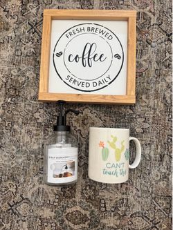 Coffee Bar Set: Wooden Sign, Casanero Syrup Dispenser, and Cactus Mug
