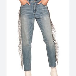 Anthropologie Blue Revival High Waist Beaded Fringe Cropped  Party Jeans  Sz 30