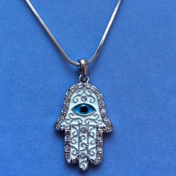 Hamsa Necklace on Snake Chain w/Crystals, Blue Eye, White *Ship Nationwide Or Pickup Boca Raton