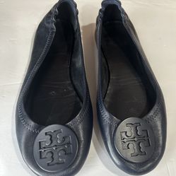 Tory Burch Minnie Blue Leather Travel Ballet Flats Shoes Womens Size 8.5