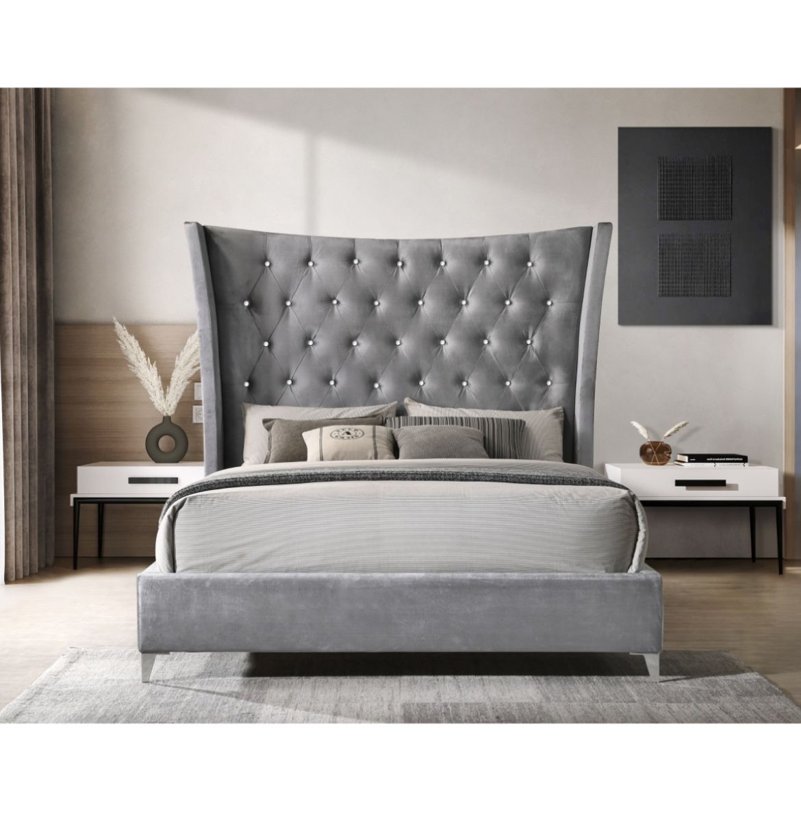 Grey Velvet Tufted Wingback Headboard Chrome Legs Fully Slated No Box Spring Needed Brand New In Box Firm Price Queen $360 Eastern King Cal King $399