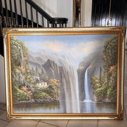Large Framed Landscape Painting 55” x 43” – Waterfall Scene