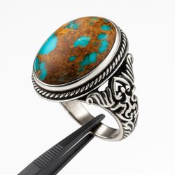 Handmade Persian Turquoise Ring – Neishaboor Stone in Sterling Silver (US Size 10)