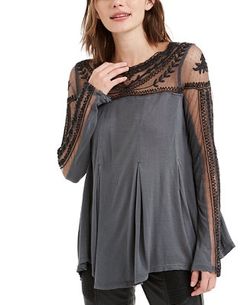 NWT Free People JoJo Lace-Contrast Top Washed Black S