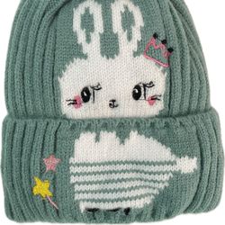 Kids Girls Bunny Winter Pom Pom Hat Beanie-Green