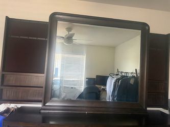Dark Wood Dresser Mirror with Side Shelves