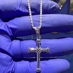 New 925 Solid Sterling Silver Cross Pendant 1.6" Rope Chain 1.5mm 18" & 7.8 Grams