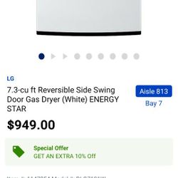 LG  7.3-cu ft Reversible Side Swing Door Gas Dryer (White) ENERGY STAR


