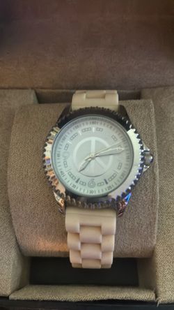 White Bracelet Watch with Peace Sign Dial