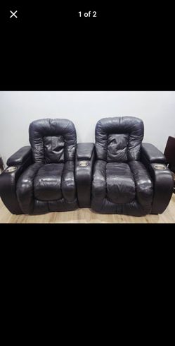 Black Leather Double Recliner Theater Chairs with Cup Holders
