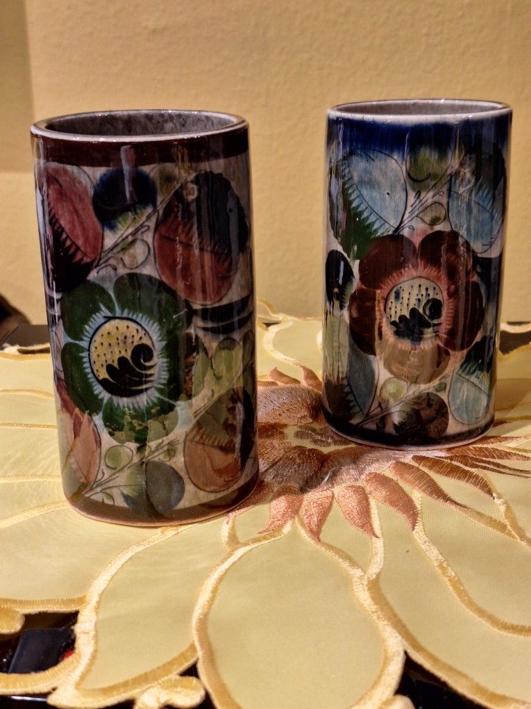 Mexican Tonala Pottery Vases Folk Art Olive Green Gray Lilac Flowers (2 Vases)