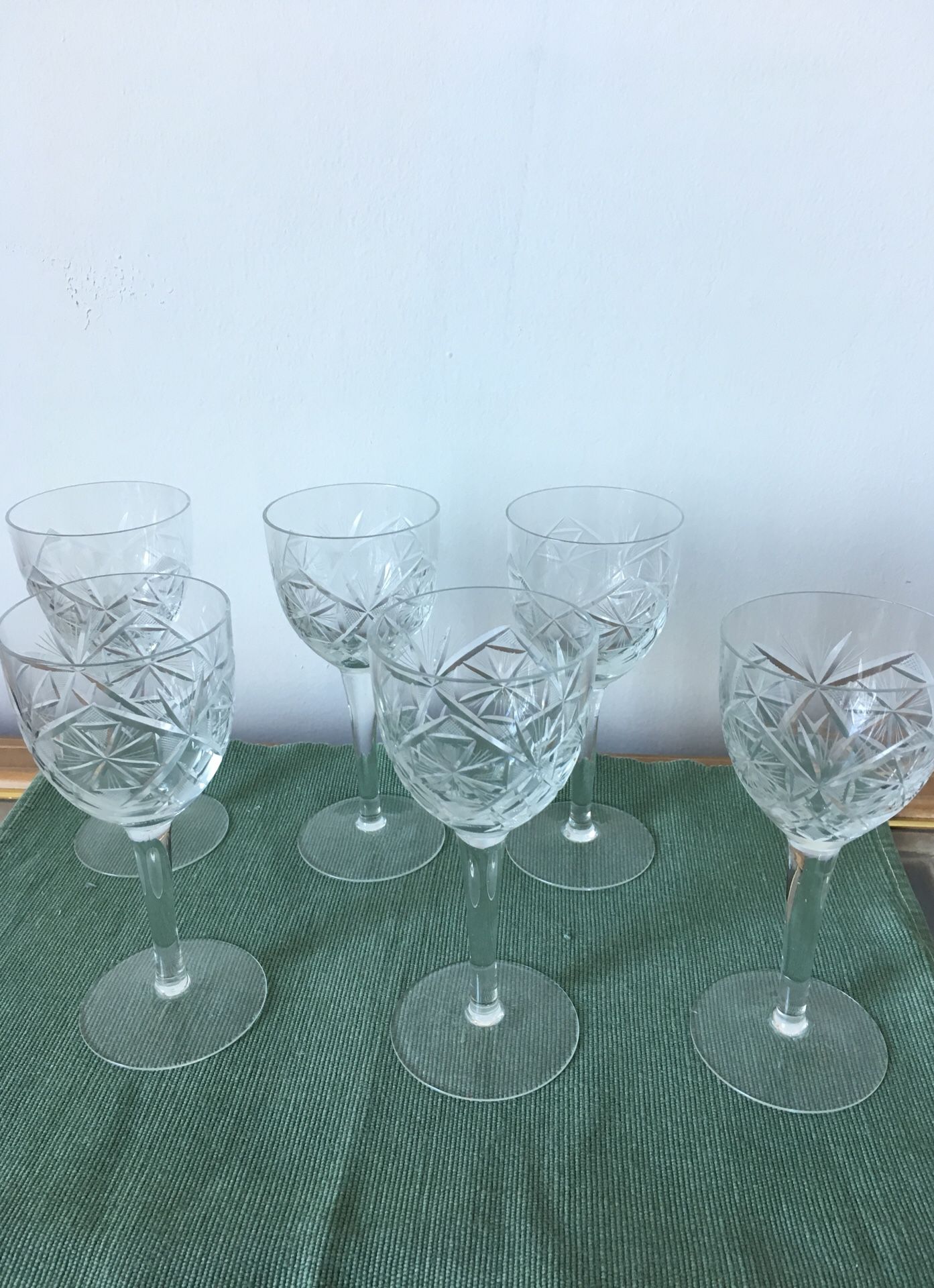 6 Antique, lead crystal wine glasses
