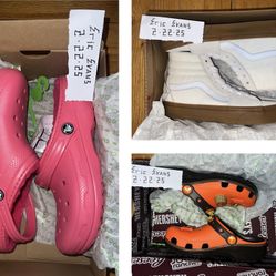 Crocs (hyper Pink & Reese’s), Vans Sk8-Hi