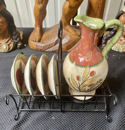 Certified International Olive Oil Carafe and 4 Plates by Jennifer Brinley