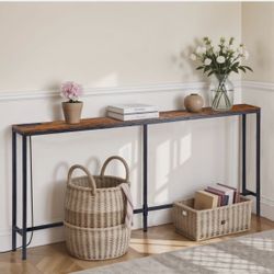 Narrow Sofa Table 70" Entrance Table with Power Station Behind Couch Table Brown