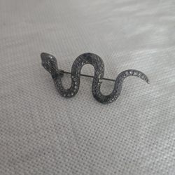 Vintage Snake Brooch Pin Dark Silver With Black & White Rhinestones