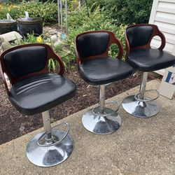 Three Very Nice Adjustable Wood/Black Leather And Chrome Counter Or Bar Stools 