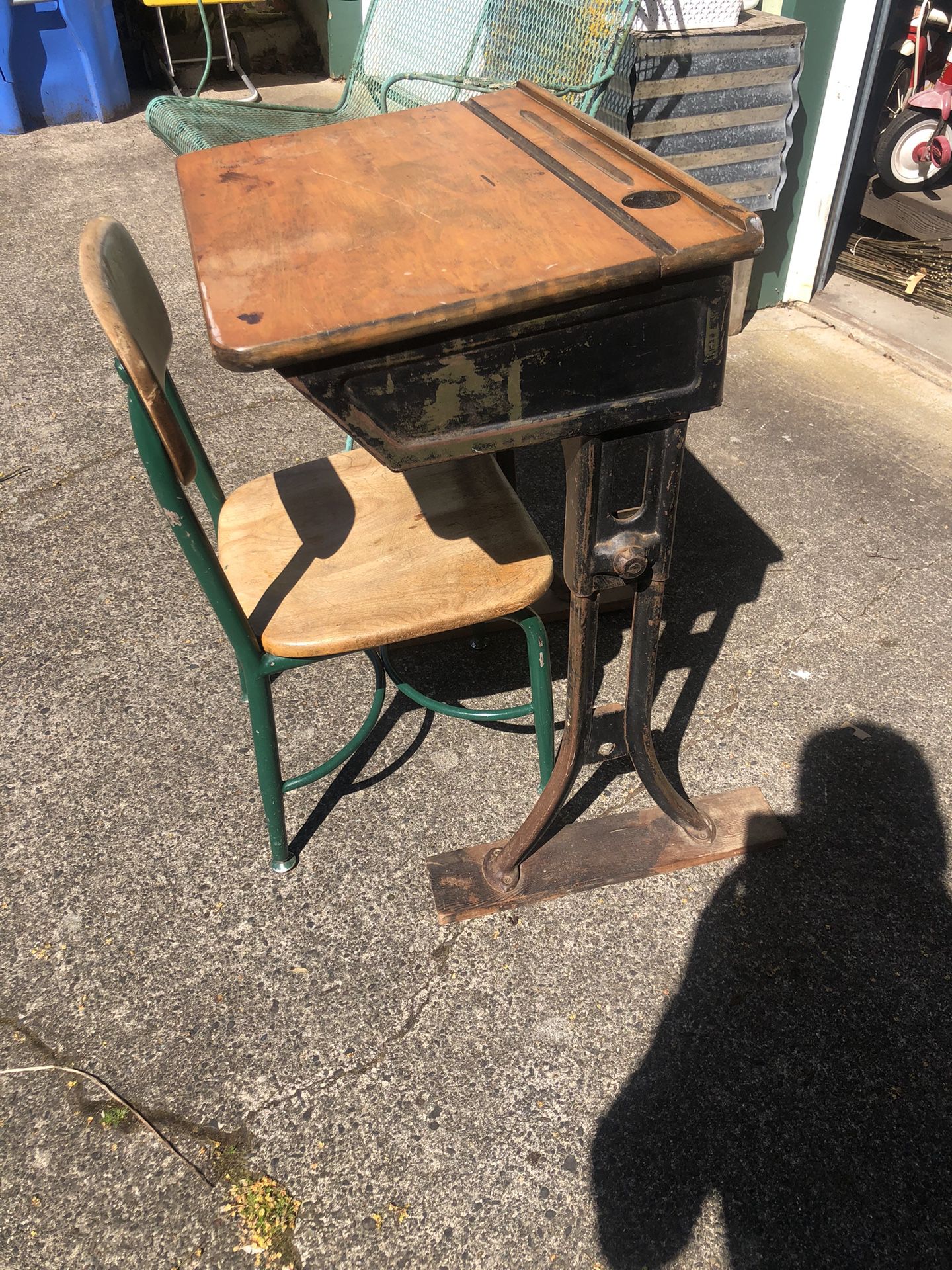 Old school, desk and free chair, antique, or vintage. Both in decent shape.