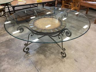 Vintage Glass Top Round Coffee Table with Wrought Iron Base and World Map Detail