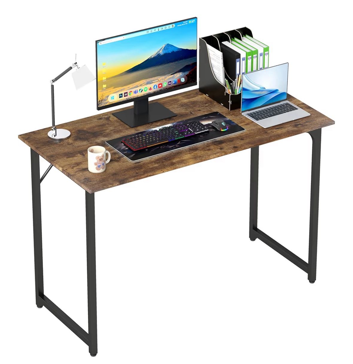 47 Inch Computer Desk | Brown | Office Desk with Metal Frame, Adjustable Feet | Water-Resistant, Scratchproof Surface | Set Of 2