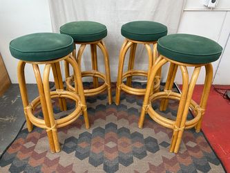 Bamboo Bar Stools w/ Green Cushions (Set of 4)