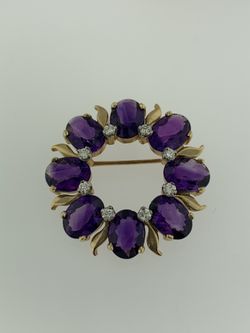 Amethyst & Diamond Flower 14K Yellow Gold Circle Brooch Pin~8.25 tcw~1950'S~WOW!