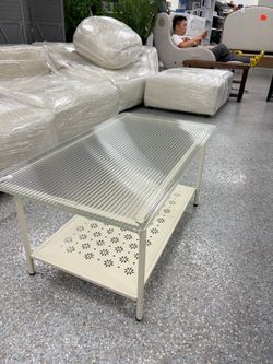 White Metal Coffee Table with Ribbed Glass Top