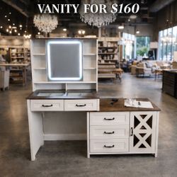 Farmhouse Vanity with Glass Top & Charging Station, Vanity Desk with Touch Screen Mirror and Lights, Makeup Vanity with 5 Drawers & Shelves & Cabinet,