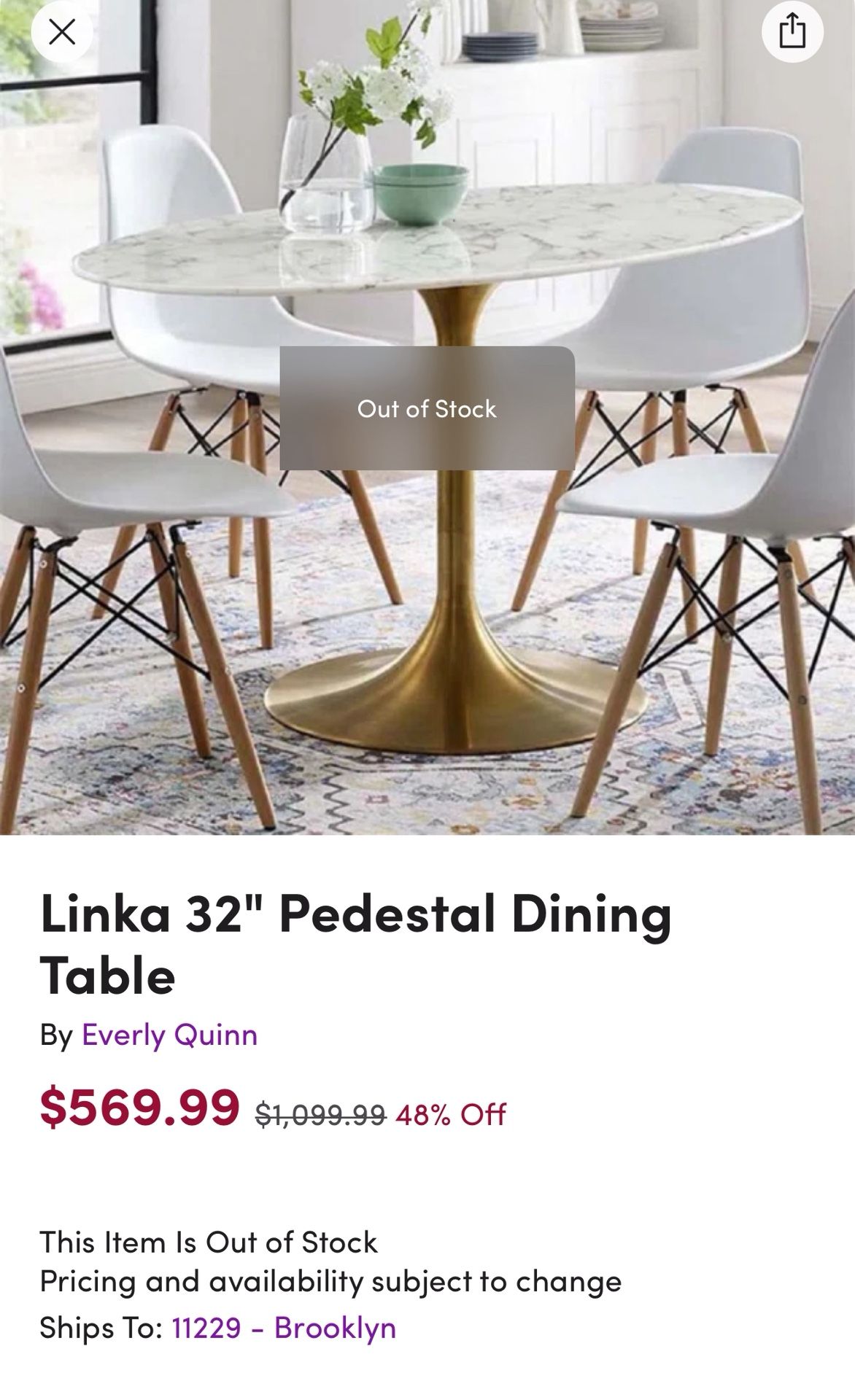 36” Round Dining Table – Faux Marble Glass Top & Gold Pedestal – $150 (Or best offer)